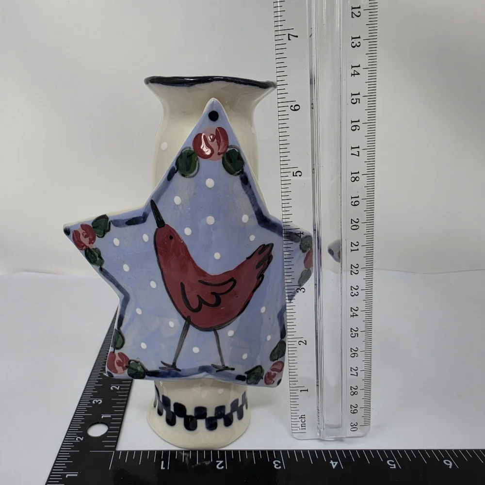Candle Holder Ceramic Signed Red Bird Star Decoration Decor